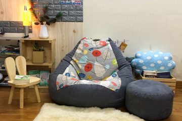 Ghế lười hạt xốp dáng lê họa tiết hoa lá phối xám GL L199 (L)