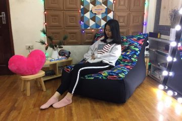 Ghế lười hạt xốp dáng sofa mini họa tiết lông vũ mix đen GL SF032