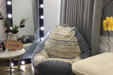 Ghế lười hạt xốp hoa văn sắc màu mix da lộn màu xám GL L071