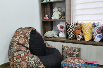 Ghế lười hạt xốp Babykid vải thô hoạ tiết thổ cẩm mix da lộn [M] GL L2117