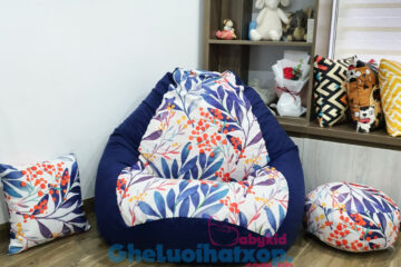 Set ghế lười hạt xốp hoạ tiết sơ ri mix xanh than da lộn GL L 2118